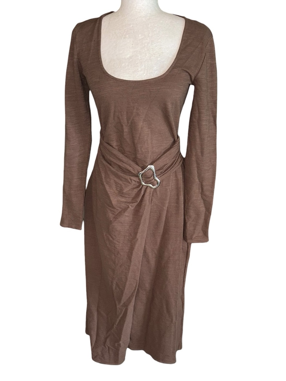 NWT Who What Wear Sabrina Brown Knit Wrap Front Silver Buckle Midi Dress - S